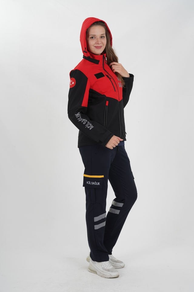 Yeni Acil Sağlık Siyah-Kırmızı Shoftshel Mont (Unisex-Su Geçirmez)