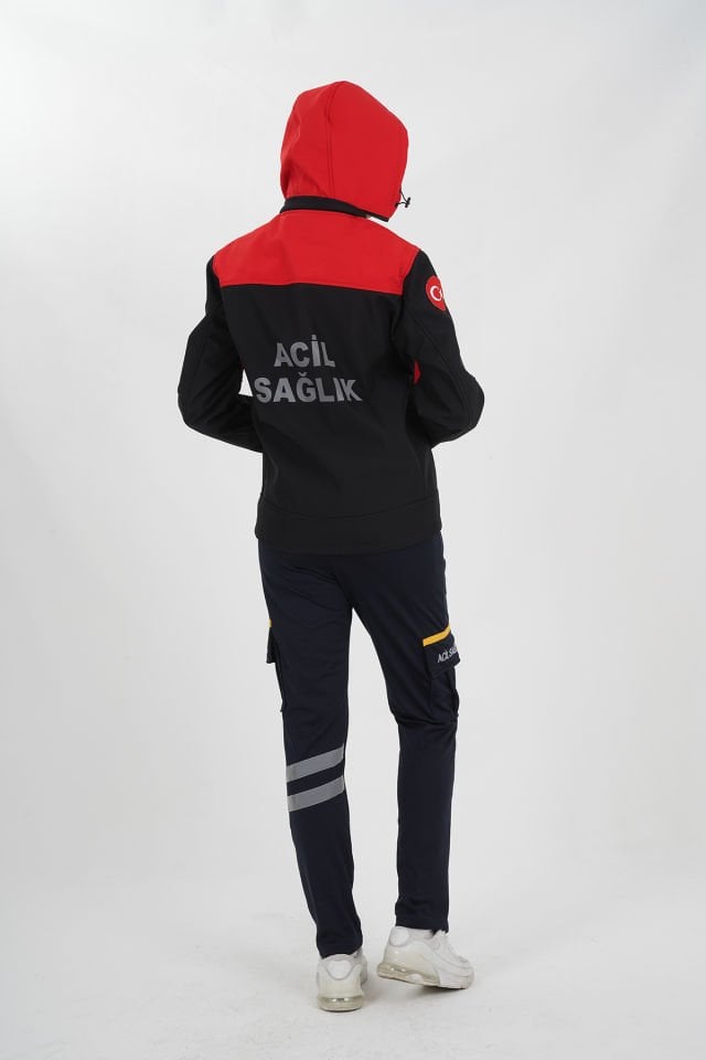 Yeni Acil Sağlık Siyah-Kırmızı Shoftshel Mont (Unisex-Su Geçirmez)