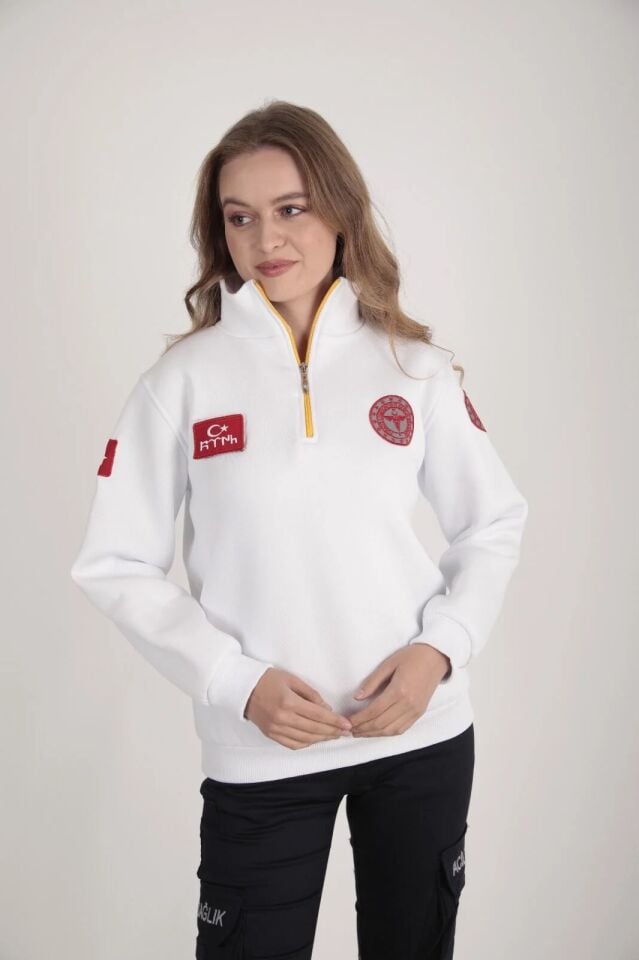 112 Acil Sağlık Beyaz Fermuarlı Swit (Unisex-3 İplik)