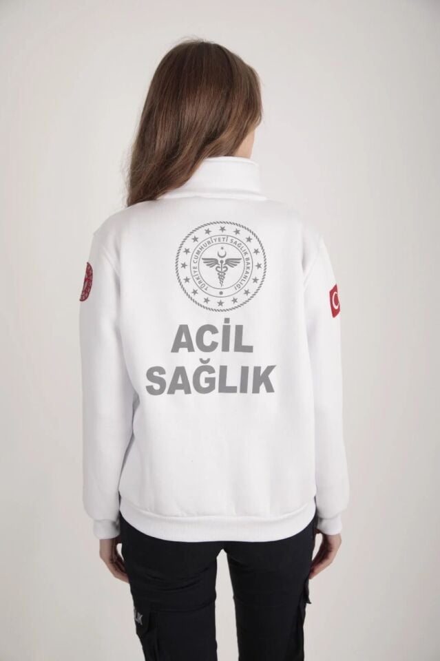 112 Acil Sağlık Beyaz Fermuarlı Swit (Unisex-3 İplik)