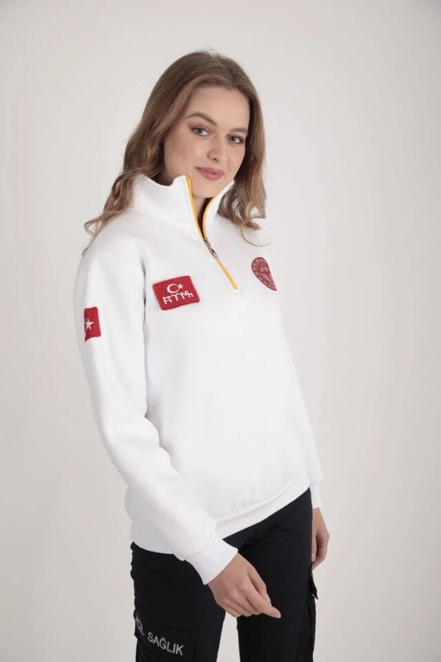 112 Acil Sağlık Beyaz Fermuarlı Swit (Unisex-3 İplik)