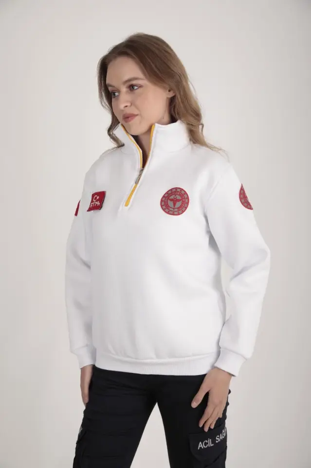 112 Acil Sağlık Beyaz Fermuarlı Swit (Unisex-3 İplik)