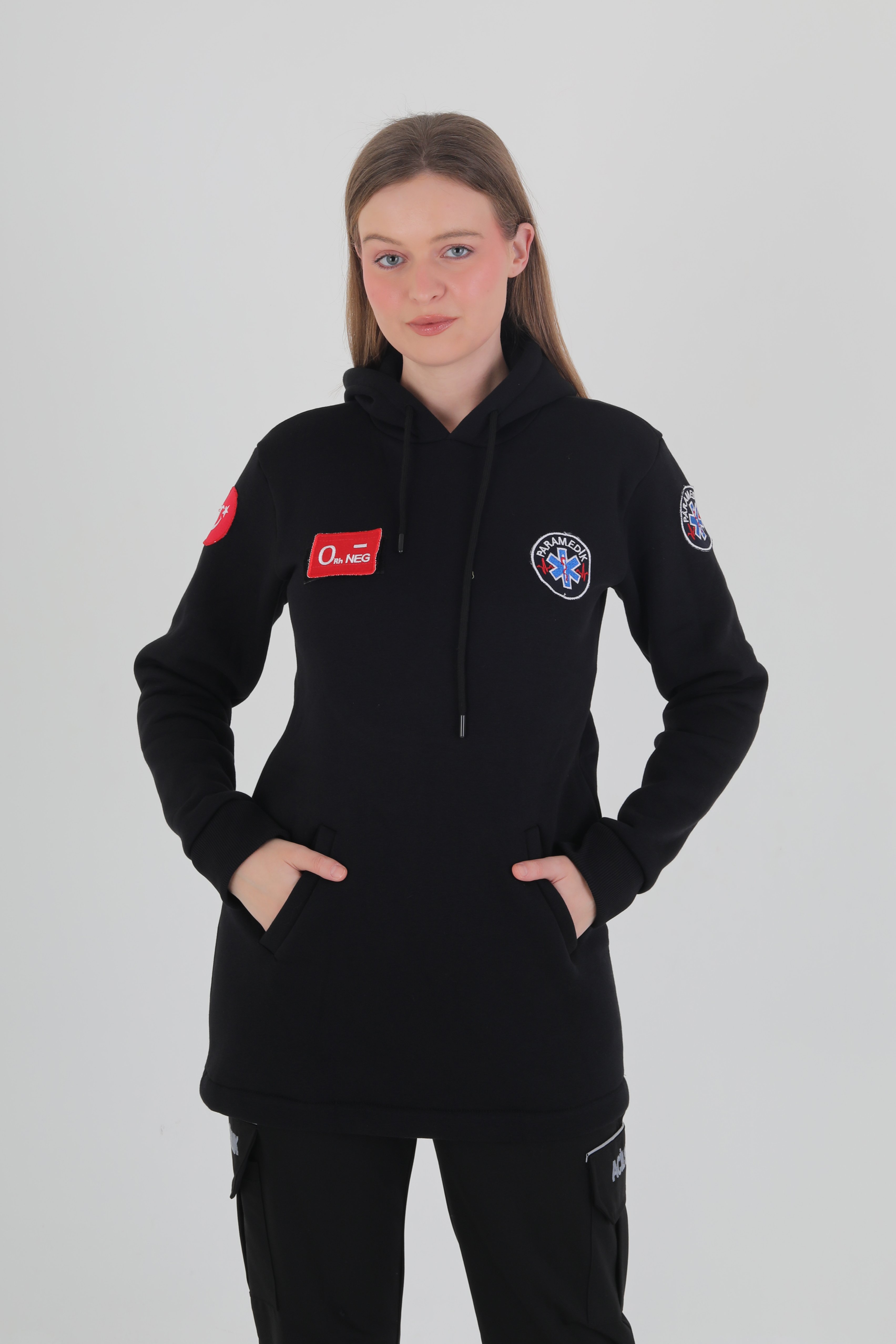 Paramedik Siyah Tunik Kapşonlu Swit