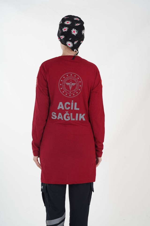 Yeni 112 Acil Sağlık Sıfır Yaka Penye Bordo Tunik