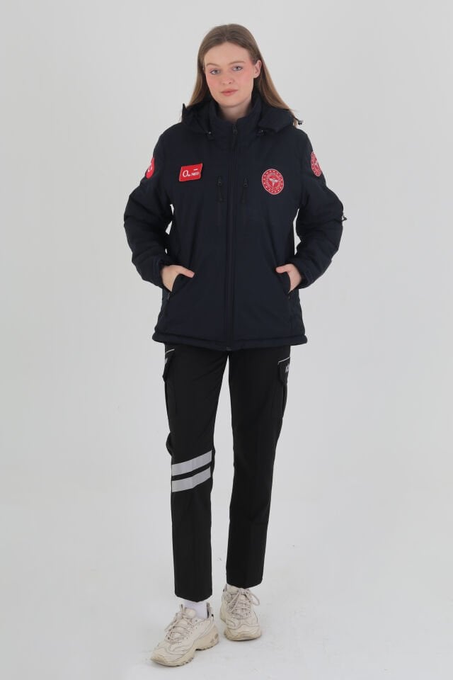 112 Acil Sağlık Lacivert Kapşonlu İçi Polarlı Şişme Mont (Unisex-Su Geçirmez)