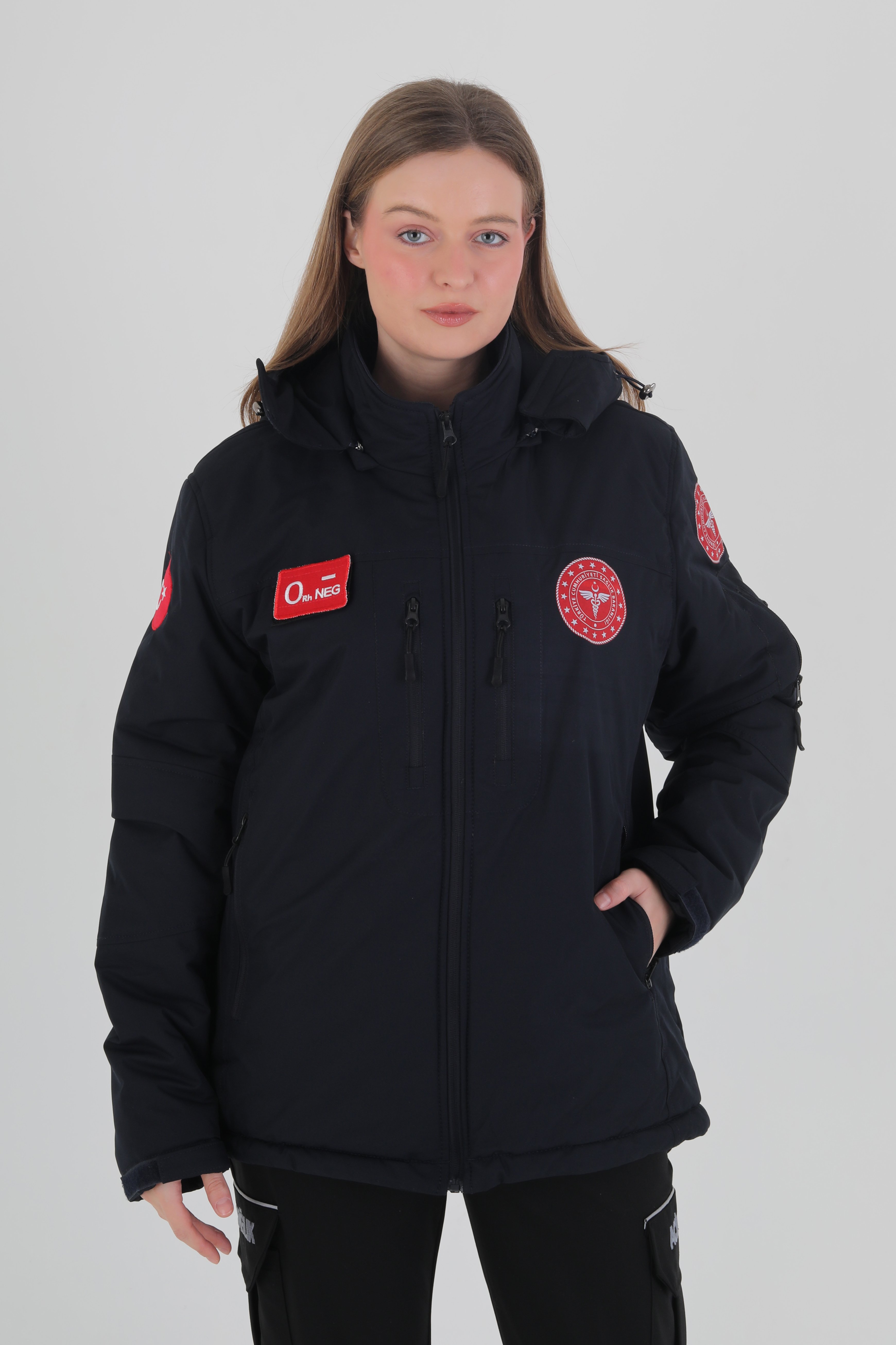 112 Acil Sağlık Lacivert Kapşonlu İçi Polarlı Şişme Mont (Unisex-Su Geçirmez)