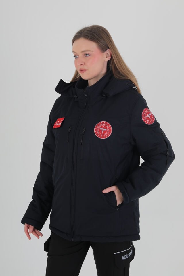 112 Acil Sağlık Lacivert Kapşonlu İçi Polarlı Şişme Mont (Unisex-Su Geçirmez)