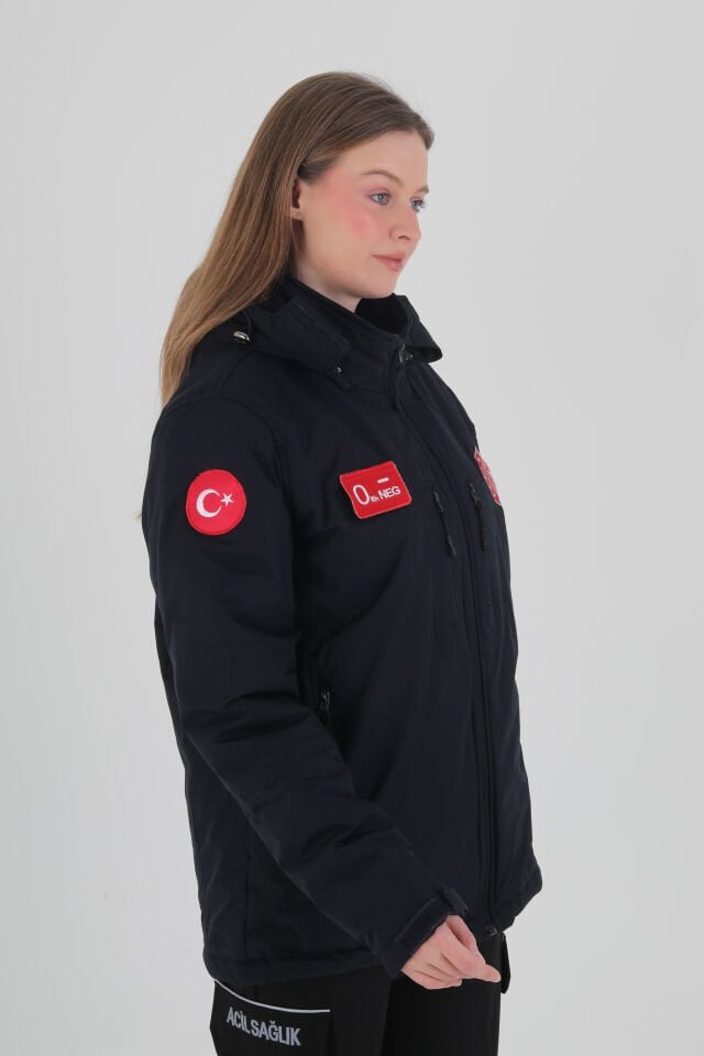 112 Acil Sağlık Lacivert Kapşonlu İçi Polarlı Şişme Mont (Unisex-Su Geçirmez)