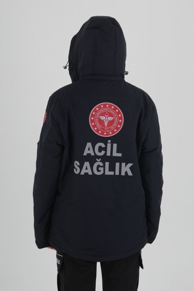 112 Acil Sağlık Lacivert Kapşonlu İçi Polarlı Şişme Mont (Unisex-Su Geçirmez)