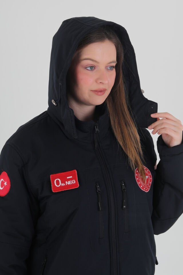 112 Acil Sağlık Lacivert Kapşonlu İçi Polarlı Şişme Mont (Unisex-Su Geçirmez)