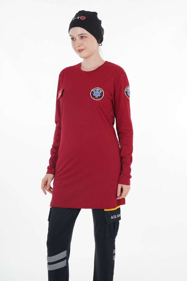Yeni Paramedik Bordo Penye Tunik T-shirt