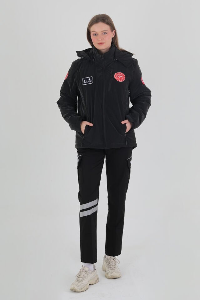 112 Acil Sağlık Siyah Kapşonlu İçi Polarlı Şişme Mont (Unisex-Su Geçirmez)