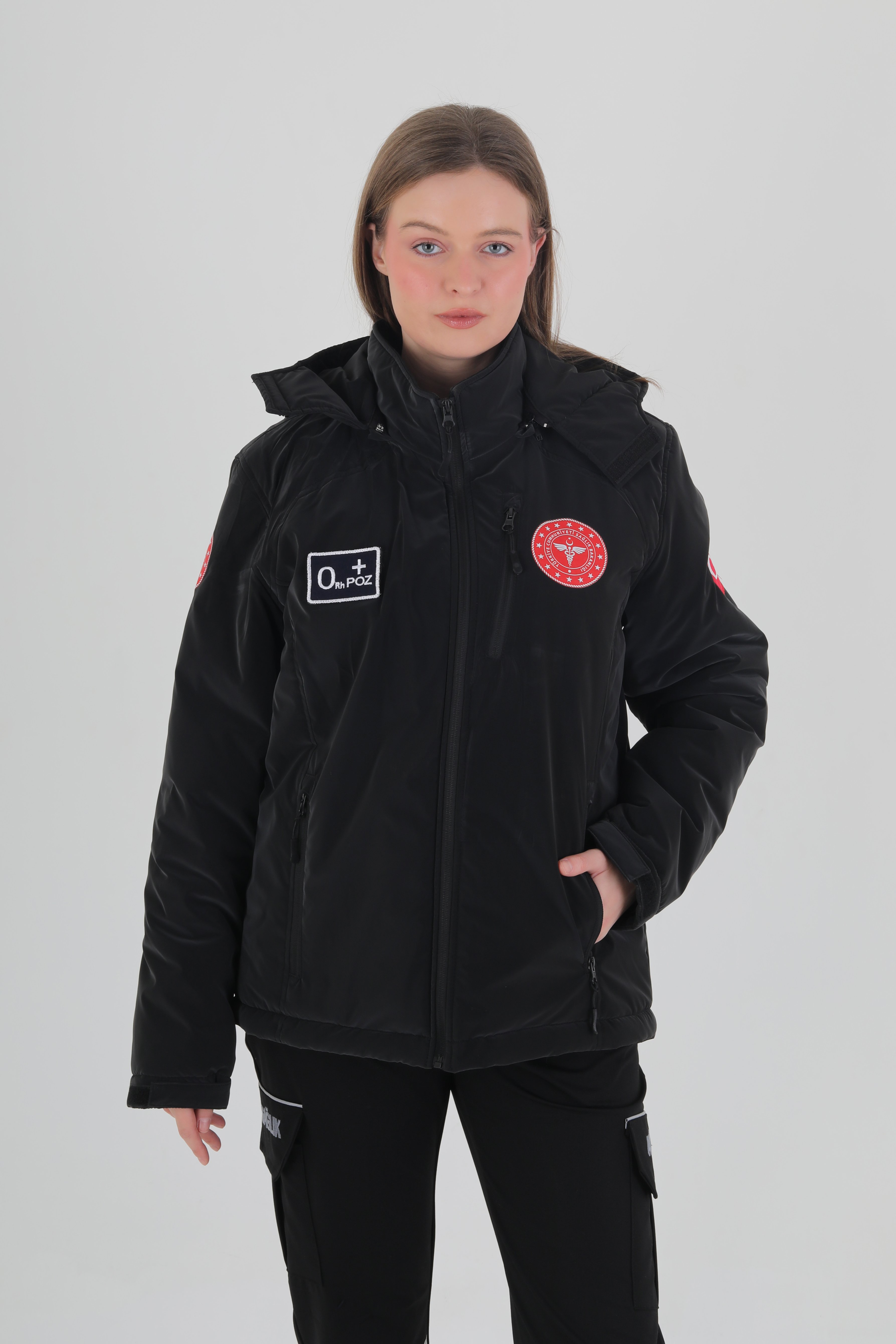 112 Acil Sağlık Siyah Kapşonlu İçi Polarlı Şişme Mont (Unisex-Su Geçirmez)