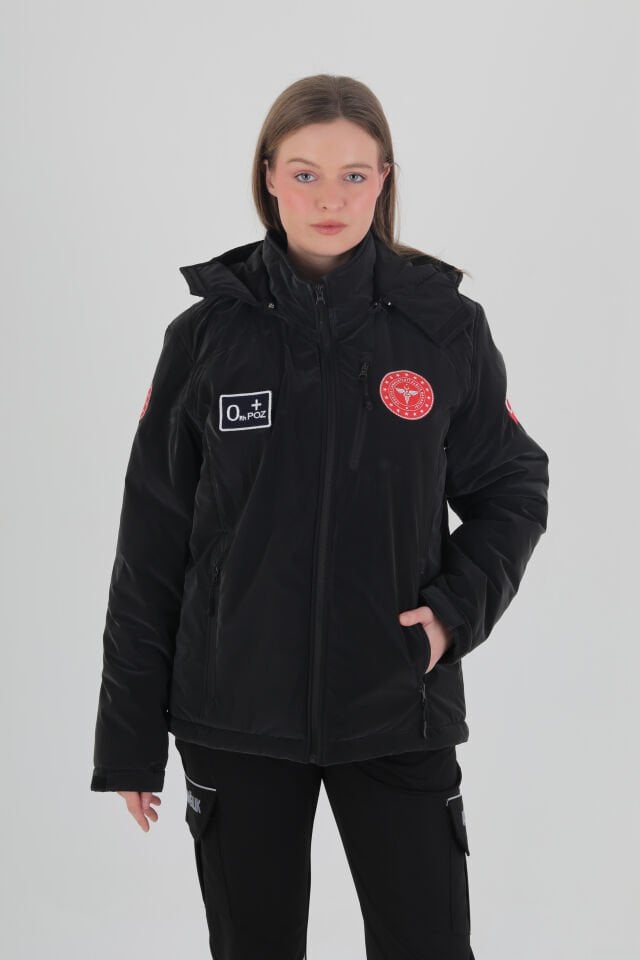112 Acil Sağlık Siyah Kapşonlu İçi Polarlı Şişme Mont (Unisex-Su Geçirmez)