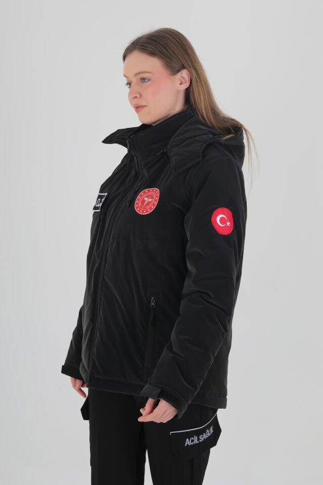 112 Acil Sağlık Siyah Kapşonlu İçi Polarlı Şişme Mont (Unisex-Su Geçirmez)