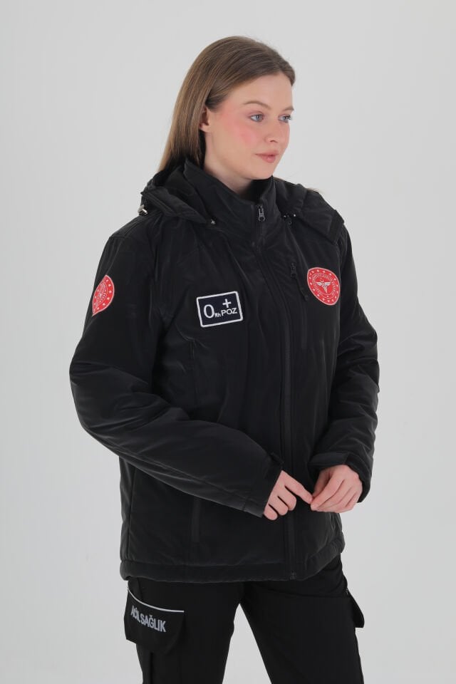 112 Acil Sağlık Siyah Kapşonlu İçi Polarlı Şişme Mont (Unisex-Su Geçirmez)