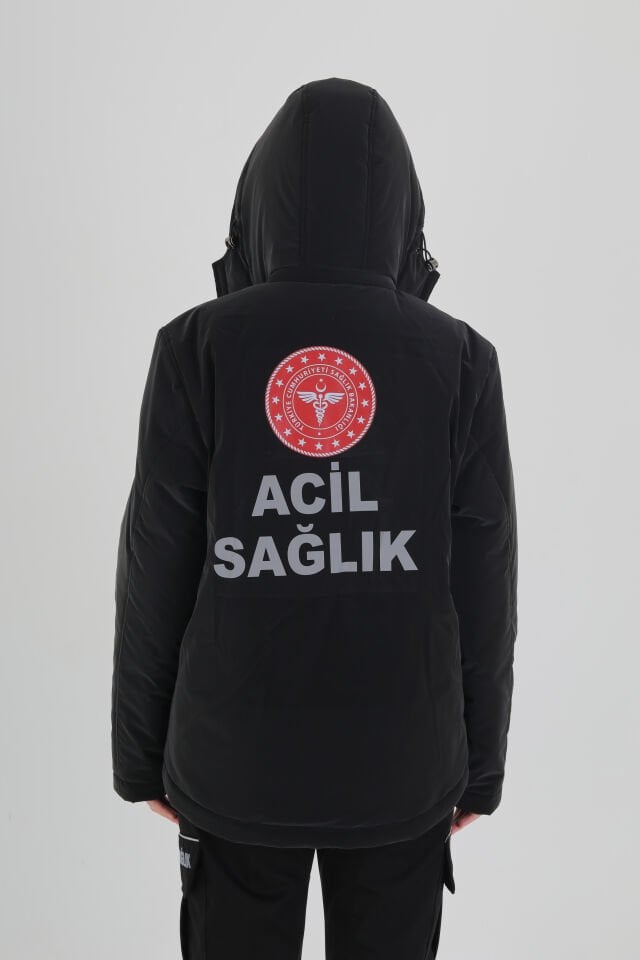 112 Acil Sağlık Siyah Kapşonlu İçi Polarlı Şişme Mont (Unisex-Su Geçirmez)
