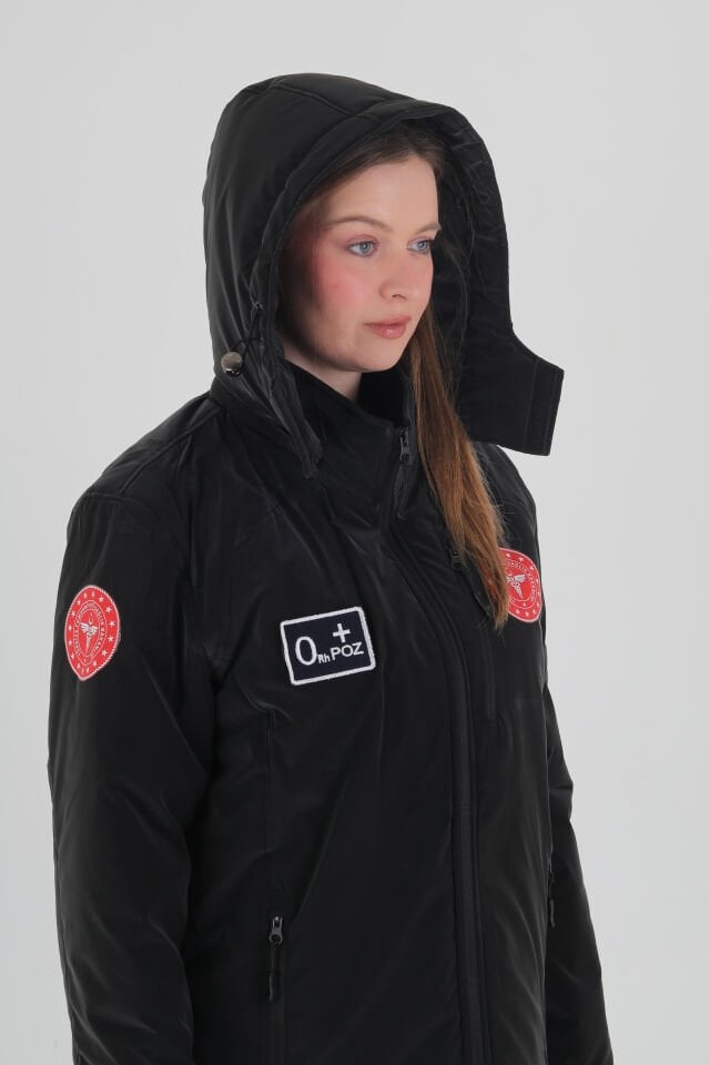 112 Acil Sağlık Siyah Kapşonlu İçi Polarlı Şişme Mont (Unisex-Su Geçirmez)