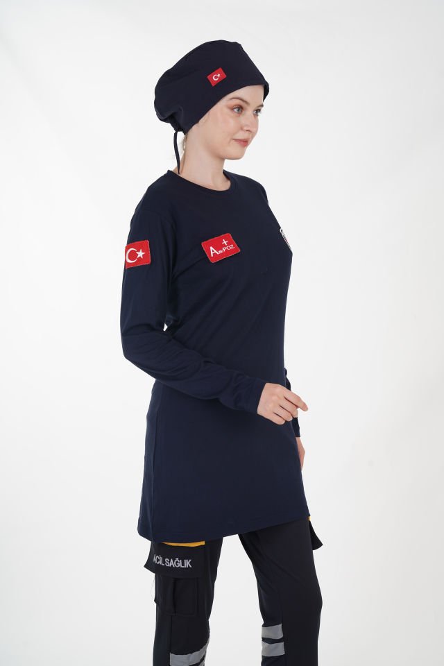 Yeni Paramedik Sıfır Yaka Lacivert Penye Tunik T-shirt