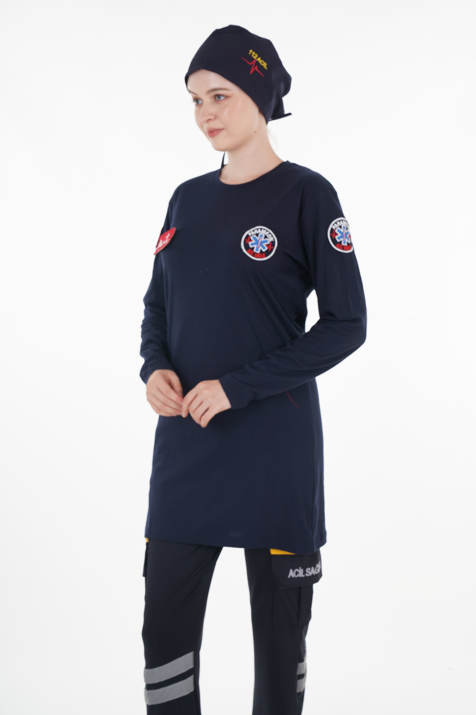 Yeni Paramedik Sıfır Yaka Lacivert Penye Tunik T-shirt
