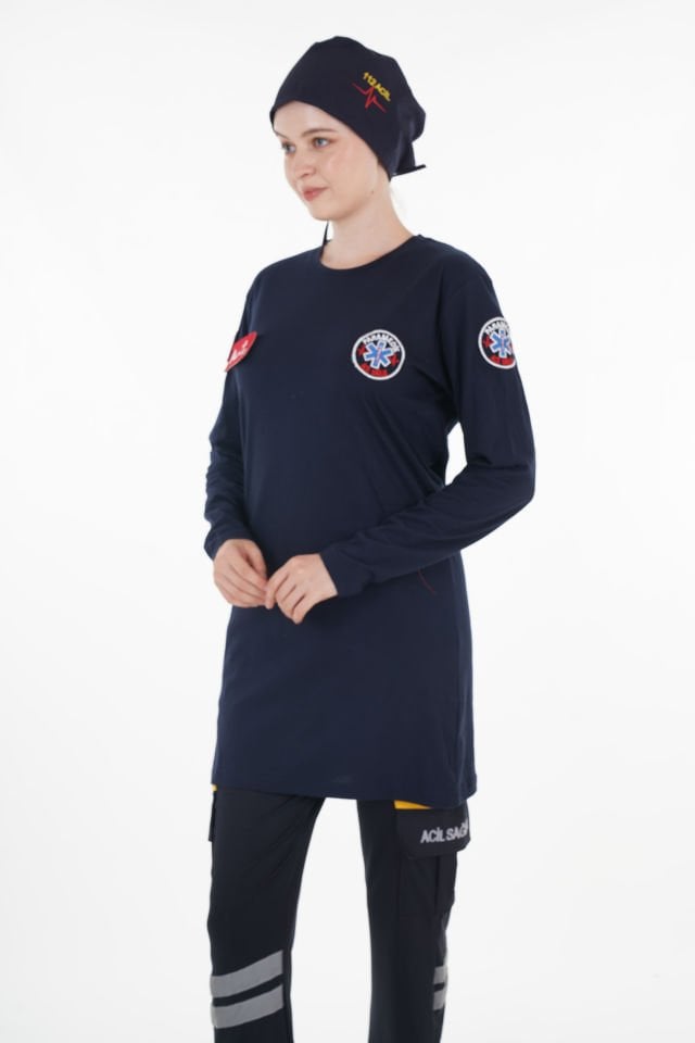 Yeni Paramedik Sıfır Yaka Lacivert Penye Tunik T-shirt