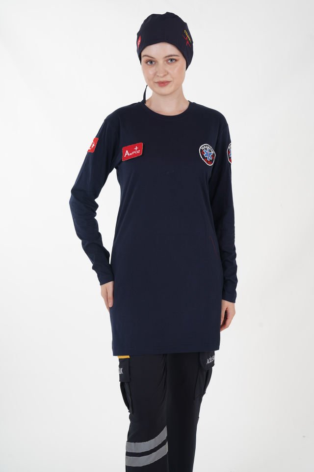 Yeni Paramedik Sıfır Yaka Lacivert Penye Tunik T-shirt