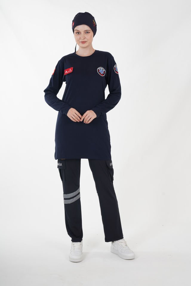 Yeni Paramedik Sıfır Yaka Lacivert Penye Tunik T-shirt