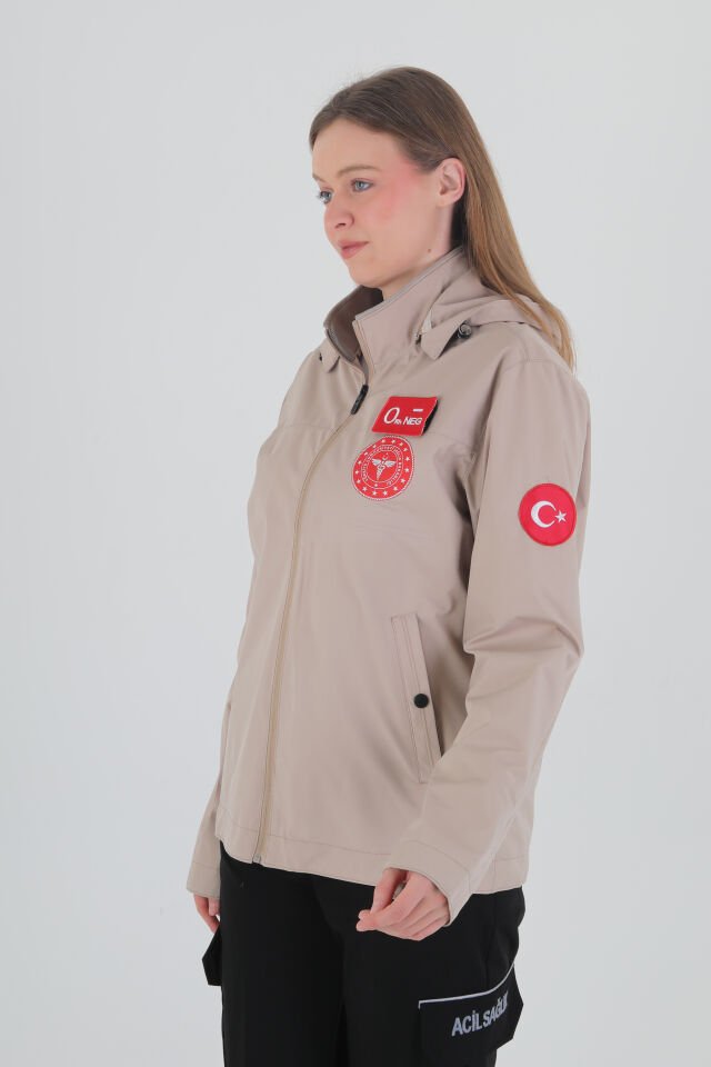 112 Acil Sağlık Bej Mevsimlik Kapşonlu Mont (Unisex)
