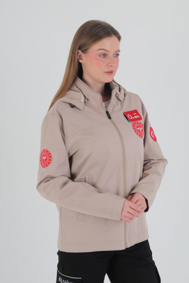 112 Acil Sağlık Bej Mevsimlik Kapşonlu Mont (Unisex)