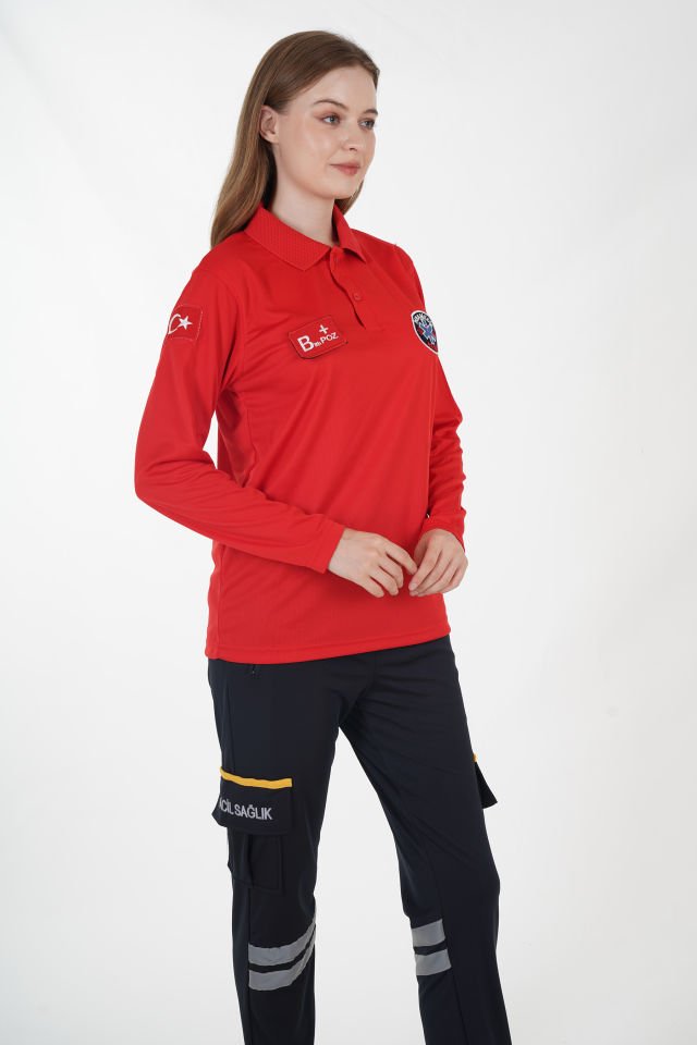 Yeni Paramedik Polo Yaka Kırmızı Uzun Kollu Comfort T-shirt (Unisex-Fileli)