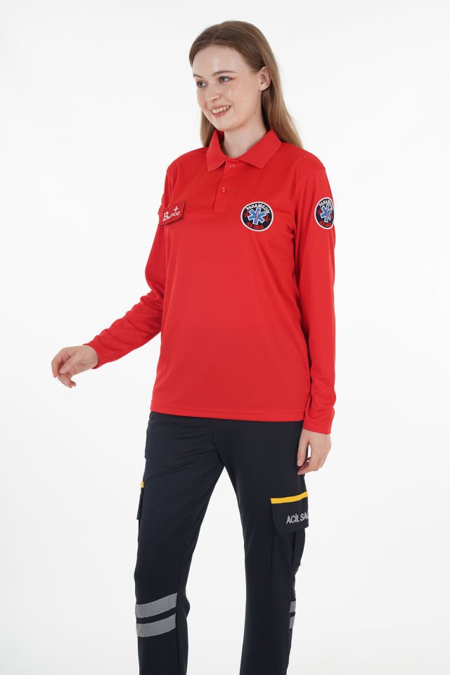 Yeni Paramedik Polo Yaka Kırmızı Uzun Kollu Comfort T-shirt (Unisex-Fileli)