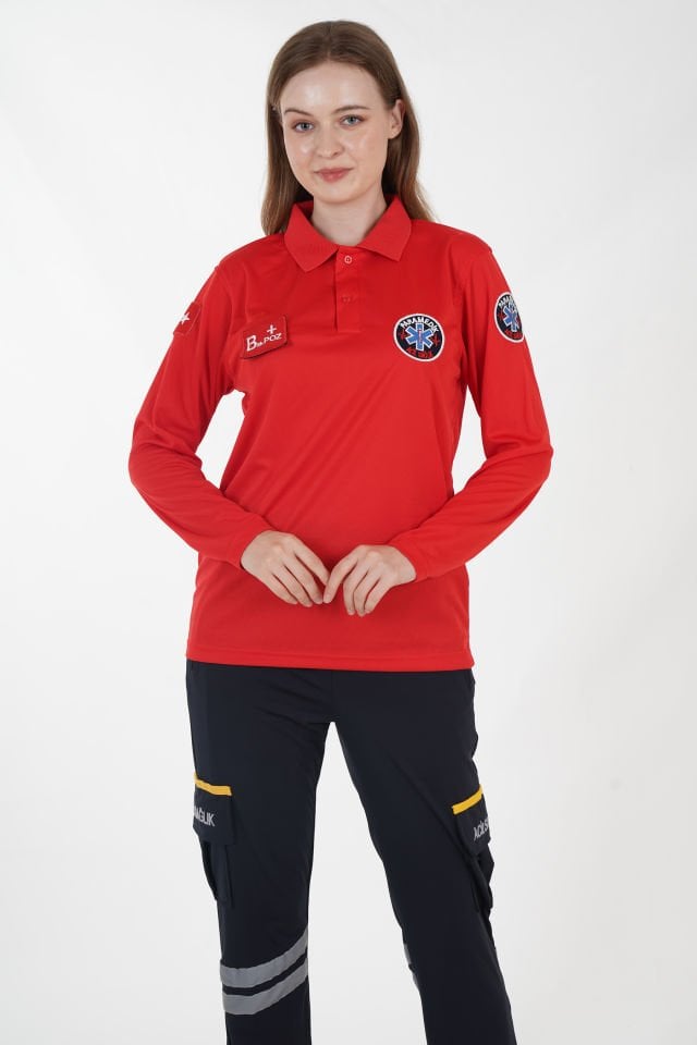 Yeni Paramedik Polo Yaka Kırmızı Uzun Kollu Comfort T-shirt (Unisex-Fileli)