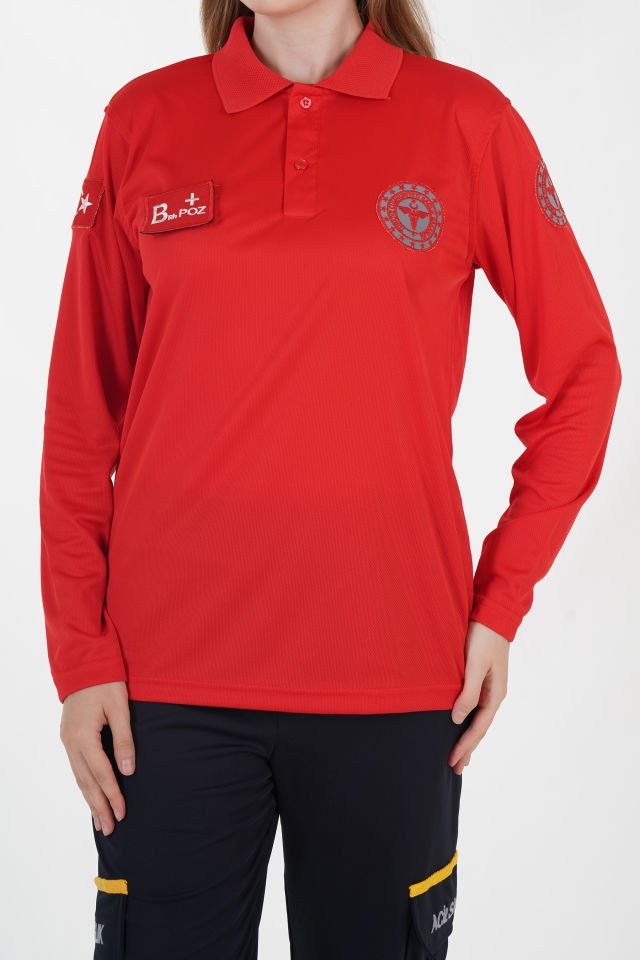 Yeni 112 Acil Sağlık Polo Yaka Kırmızı Comfort T-shirt (Unisex-Fileli)