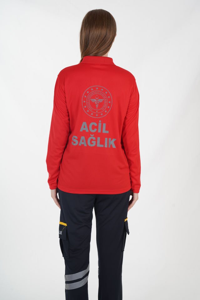 Yeni 112 Acil Sağlık Polo Yaka Kırmızı Comfort T-shirt (Unisex-Fileli)