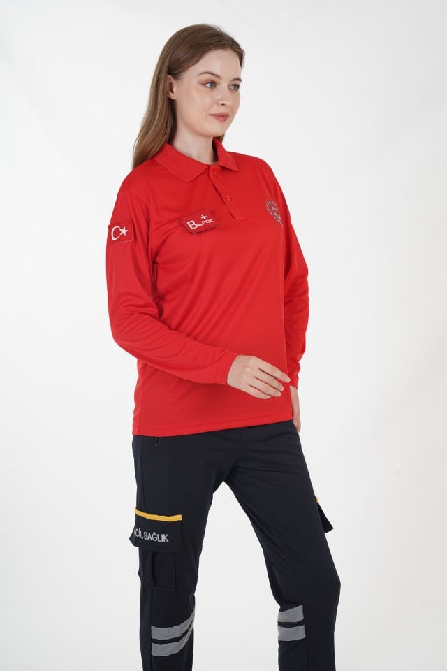 Yeni 112 Acil Sağlık Polo Yaka Kırmızı Comfort T-shirt (Unisex-Fileli)