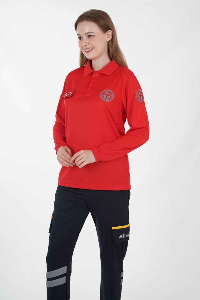 Yeni 112 Acil Sağlık Polo Yaka Kırmızı Comfort T-shirt (Unisex-Fileli)