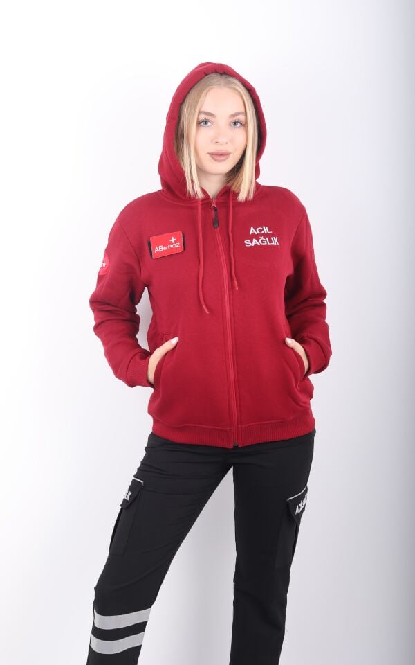 Acil Sağlık Bordo Kapşonlu Polar (Unisex)