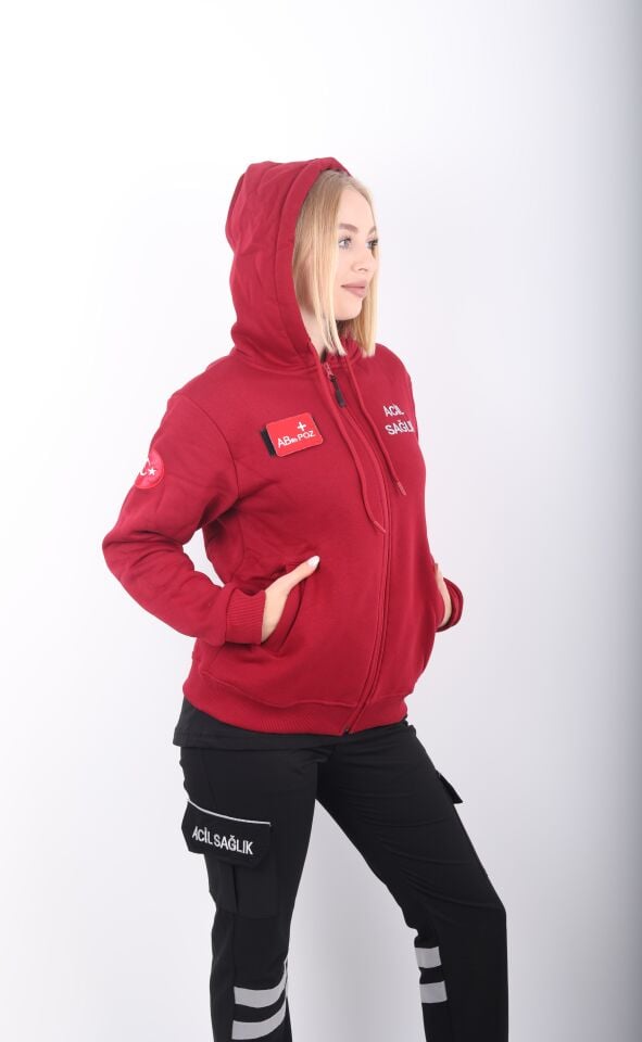 Acil Sağlık Bordo Kapşonlu Polar (Unisex)