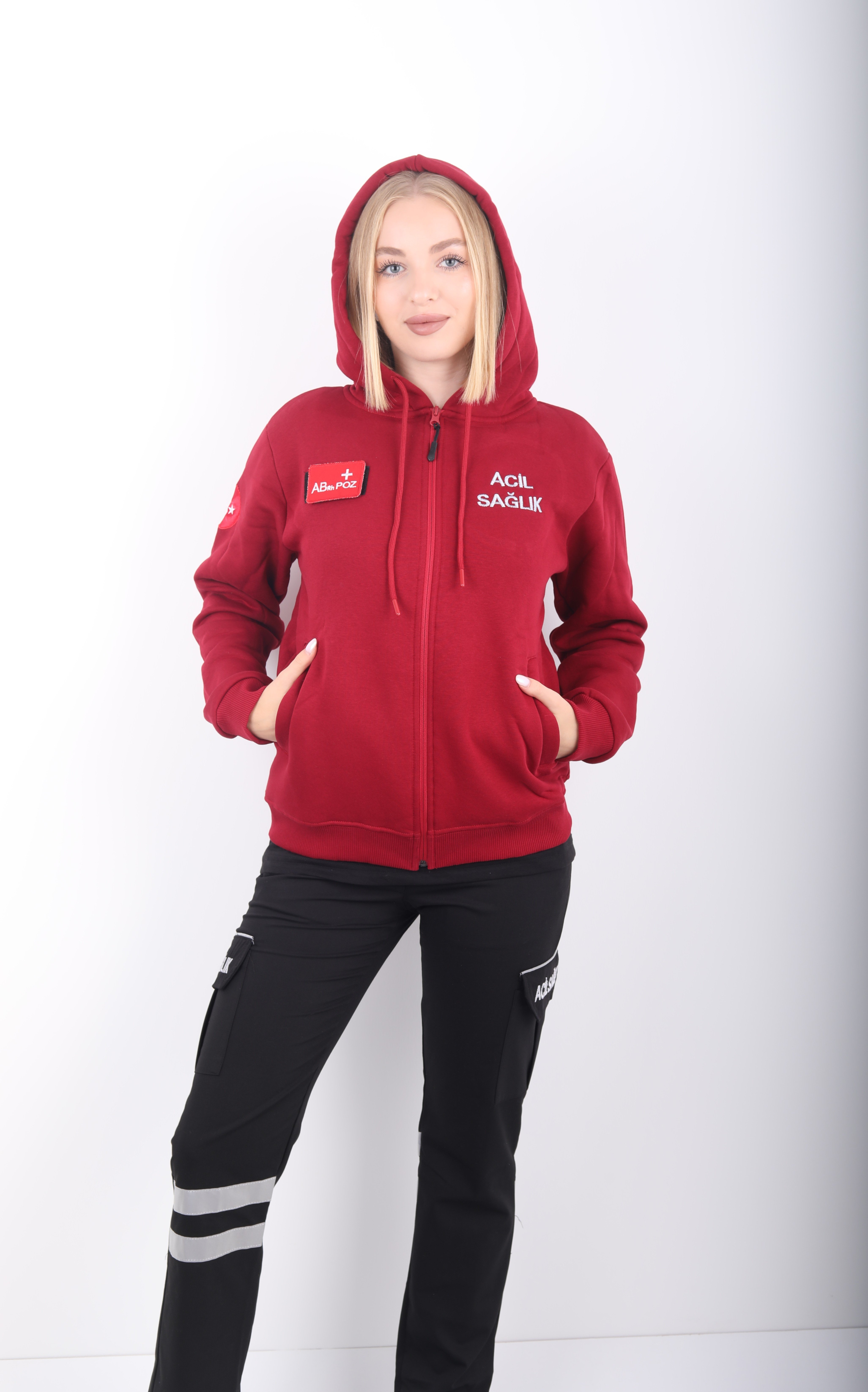 Acil Sağlık Bordo Kapşonlu Polar (Unisex)