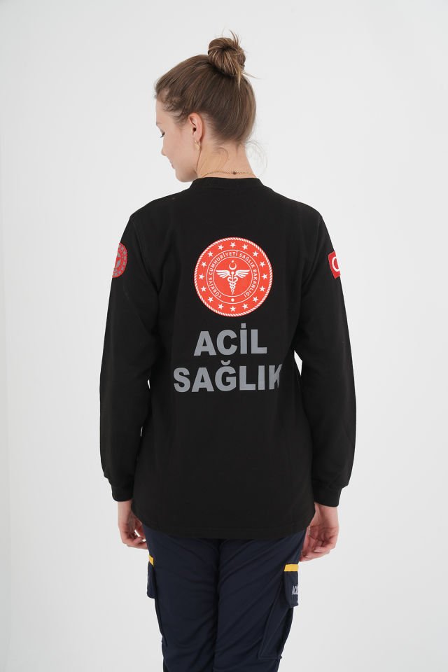 Yeni 112 Acil Sağlık Siyah Sıfır Yaka Swit (Unisex- 2 İplik)