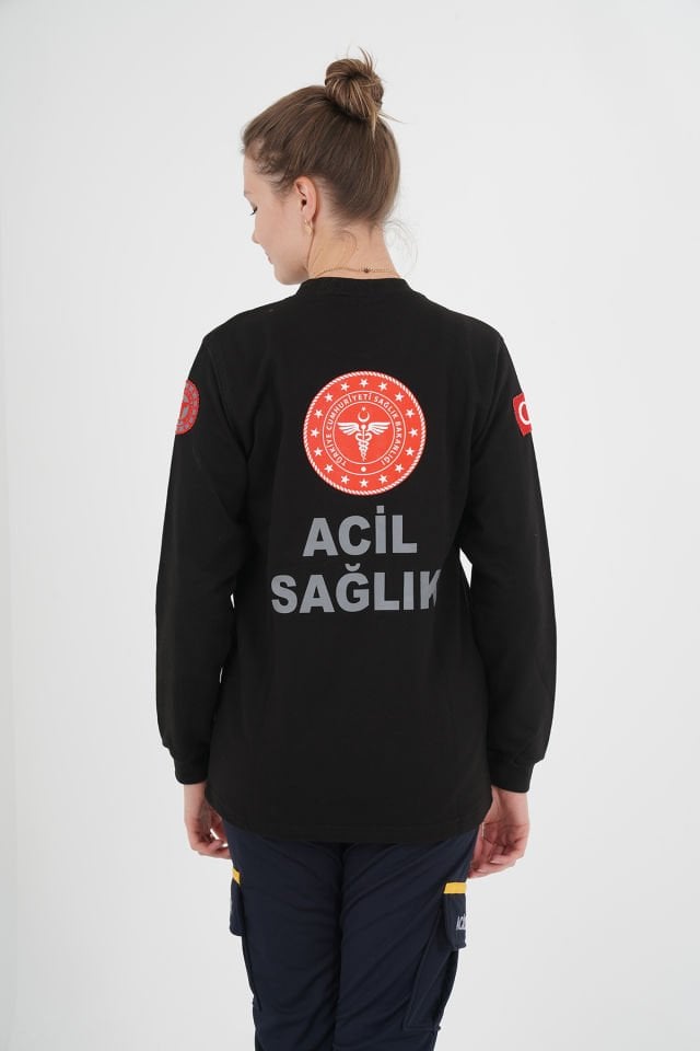 Yeni 112 Acil Sağlık Siyah Sıfır Yaka Swit (Unisex- 2 İplik)