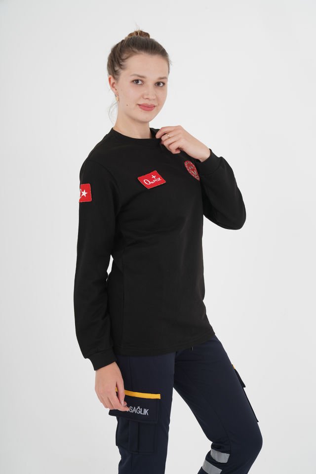 Yeni 112 Acil Sağlık Siyah Sıfır Yaka Swit (Unisex- 2 İplik)