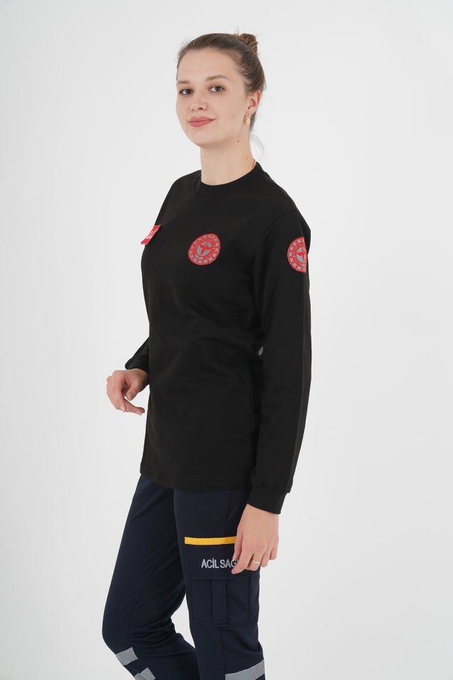 Yeni 112 Acil Sağlık Siyah Sıfır Yaka Swit (Unisex- 2 İplik)