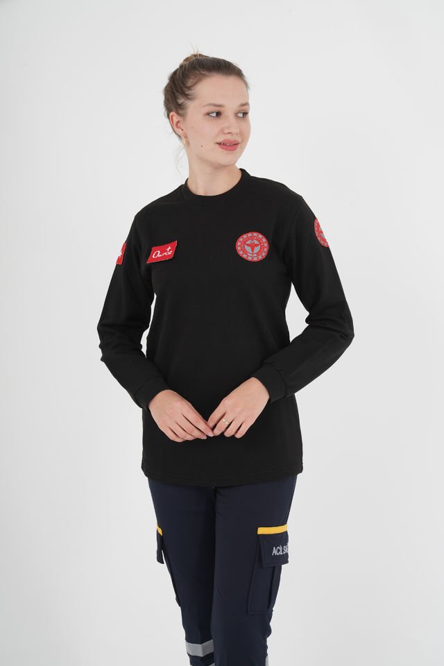 Yeni 112 Acil Sağlık Siyah Sıfır Yaka Swit (Unisex- 2 İplik)