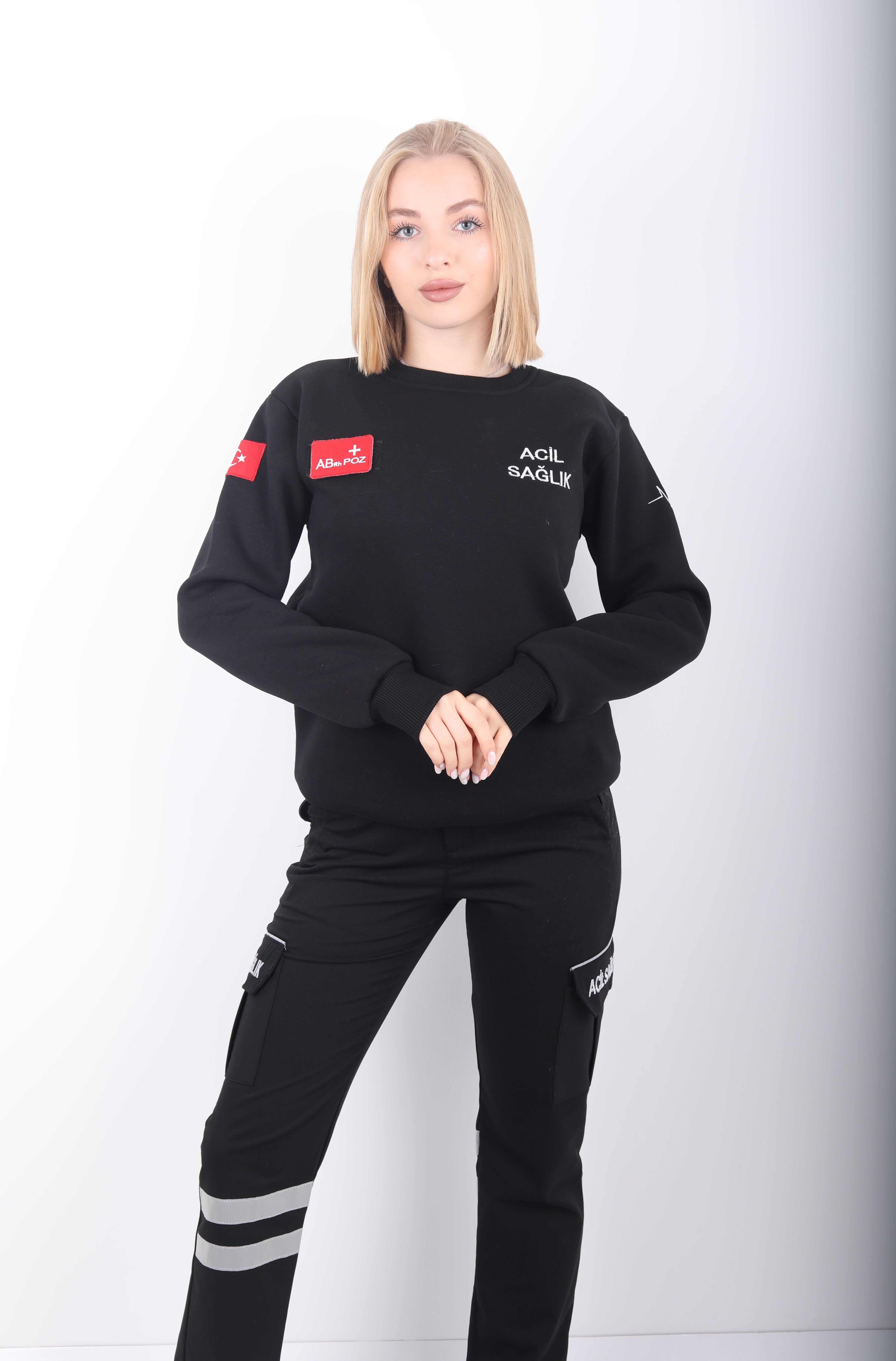 Acil Sağlık Siyah Sıfır Yaka Swit (Unisex-3 İplik)