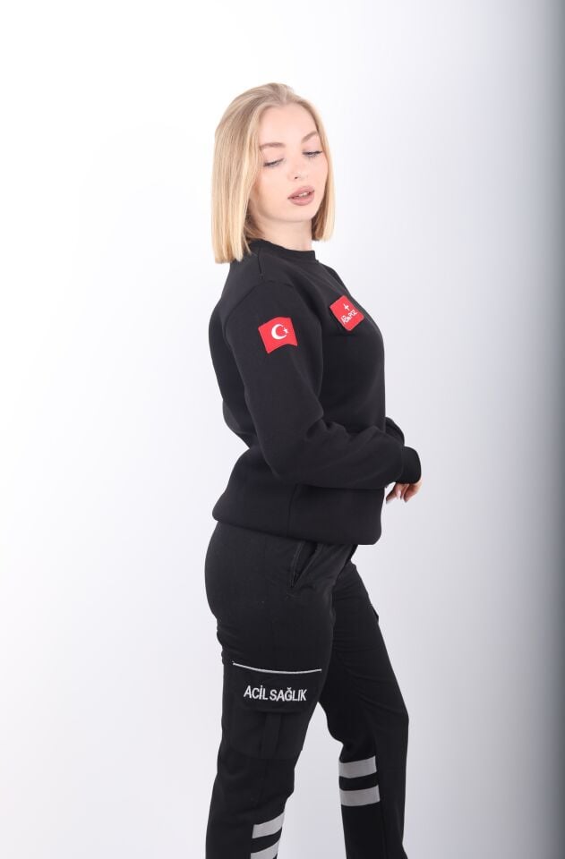 Acil Sağlık Siyah Sıfır Yaka Swit (Unisex-3 İplik)