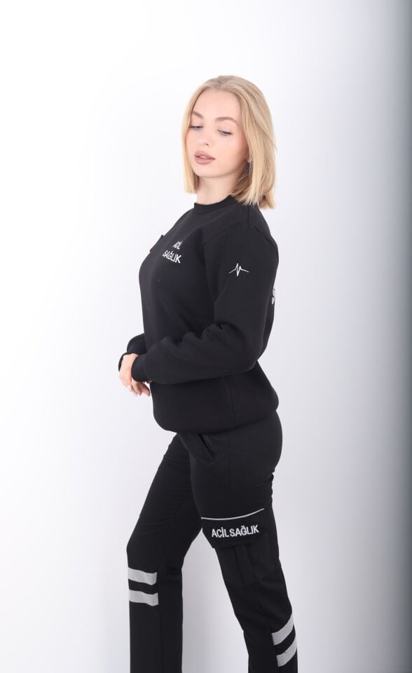 Acil Sağlık Siyah Sıfır Yaka Swit (Unisex-3 İplik)