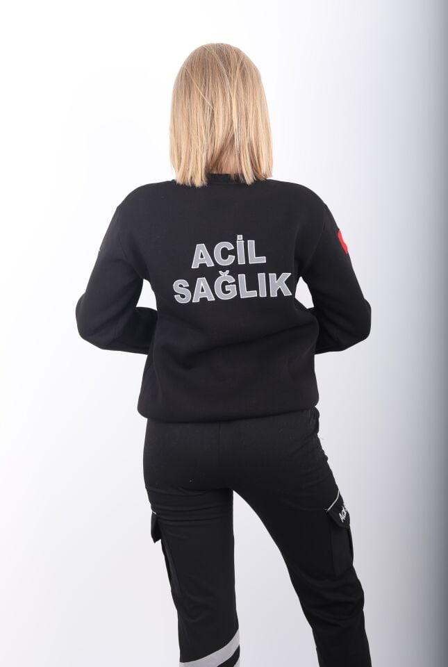 Acil Sağlık Siyah Sıfır Yaka Swit (Unisex-3 İplik)