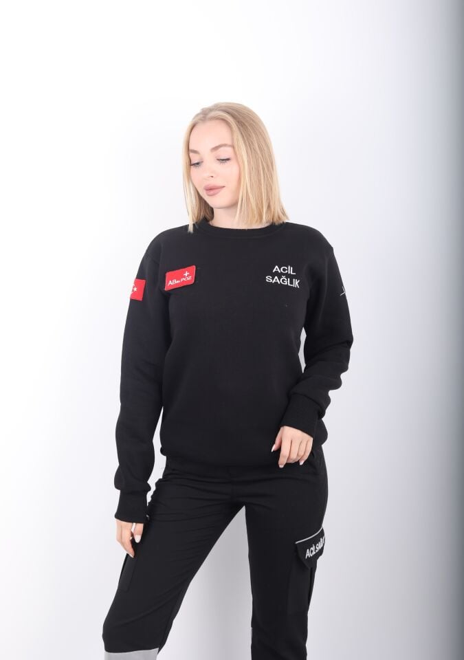 Acil Sağlık Siyah Sıfır Yaka Swit (Unisex-3 İplik)