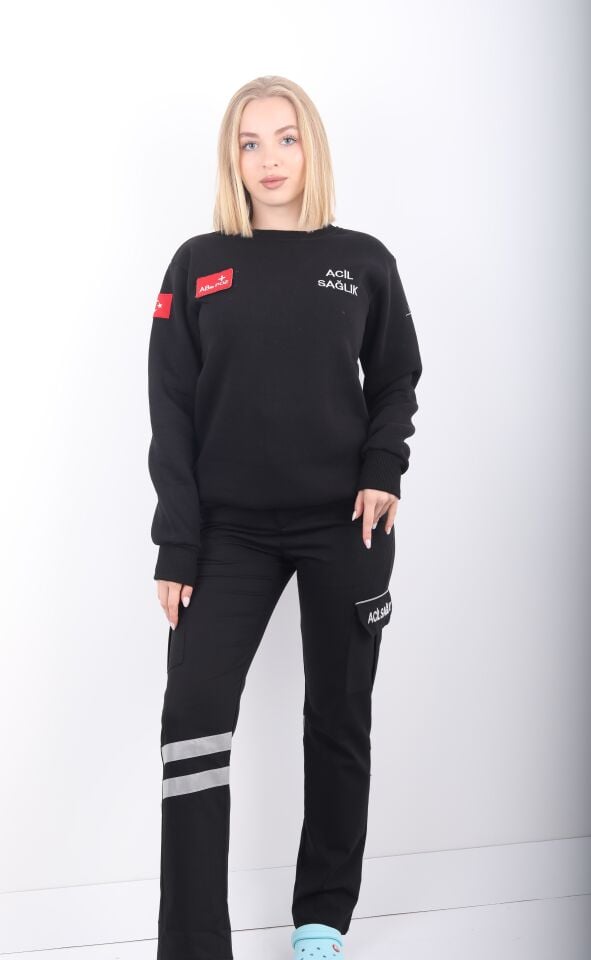 Acil Sağlık Siyah Sıfır Yaka Swit (Unisex-3 İplik)